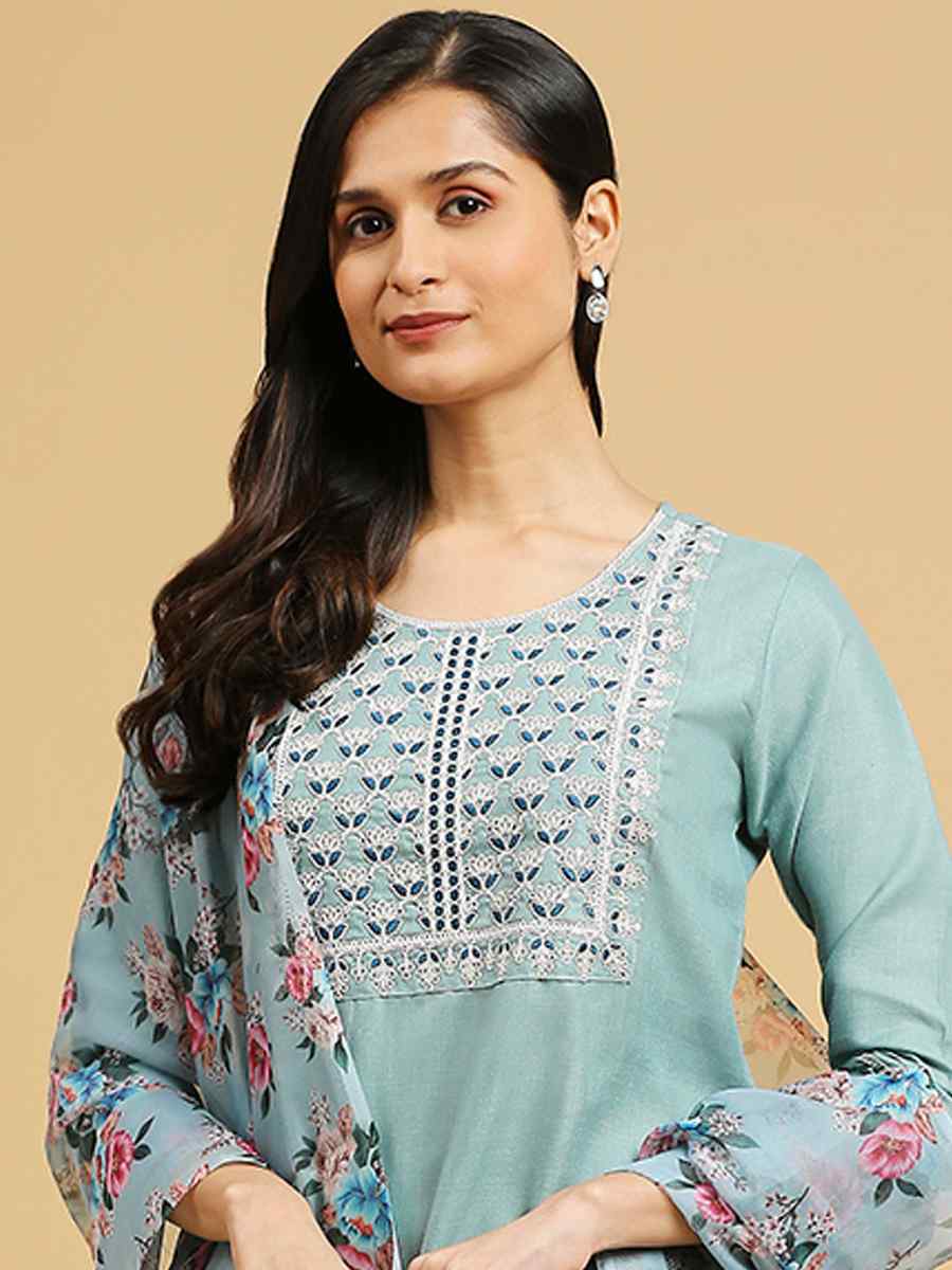 Aqua Blue Cotton Printed Festival Casual Ready Pant Salwar Kameez