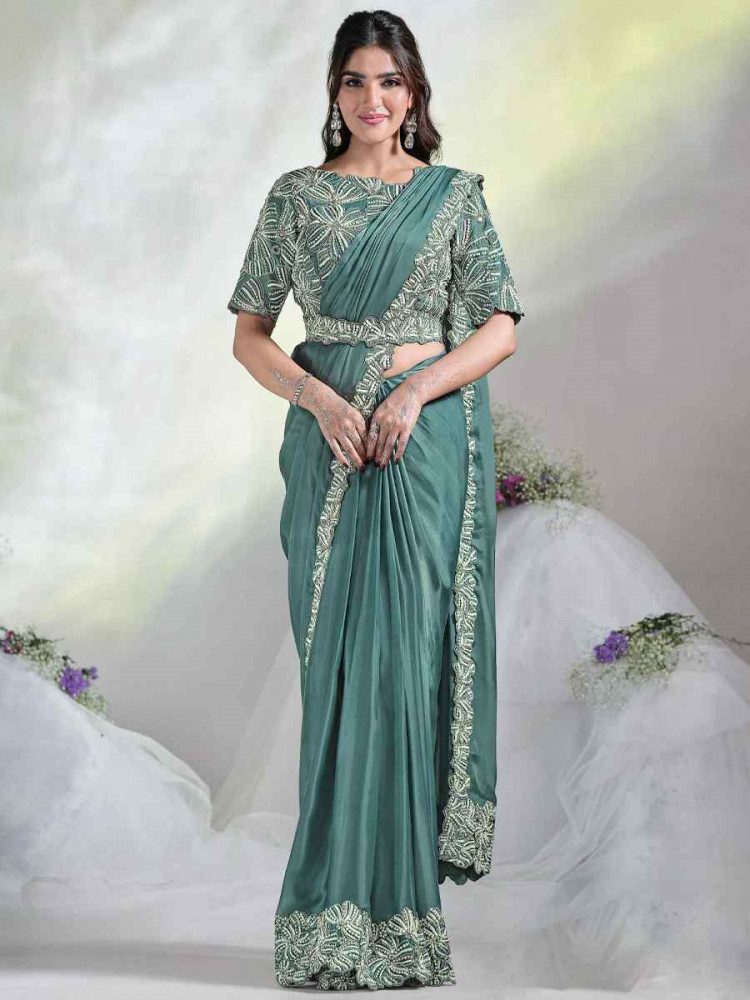 Aqua Blue Crepe Satin Silk Embroidered Reception Wedding Heavy Border Saree