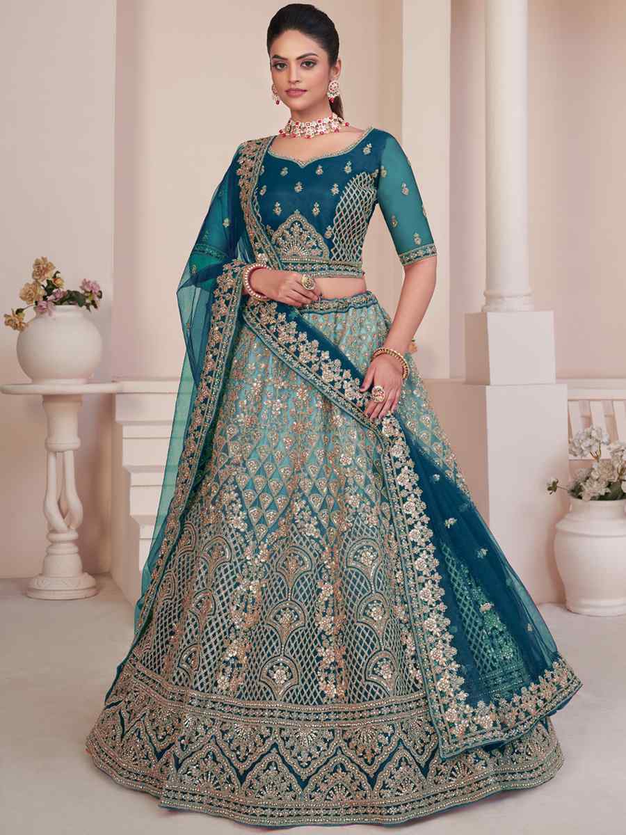 aqua blue net embroidered bridal wedding heavy border lehenga choli 78527469047148 l
