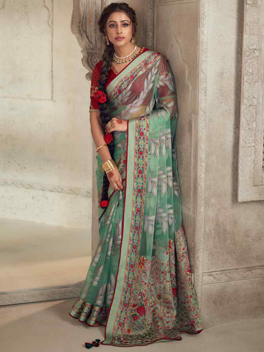 Aqua Blue Organza Brasso Embroidered Festival Wedding Heavy Border Saree