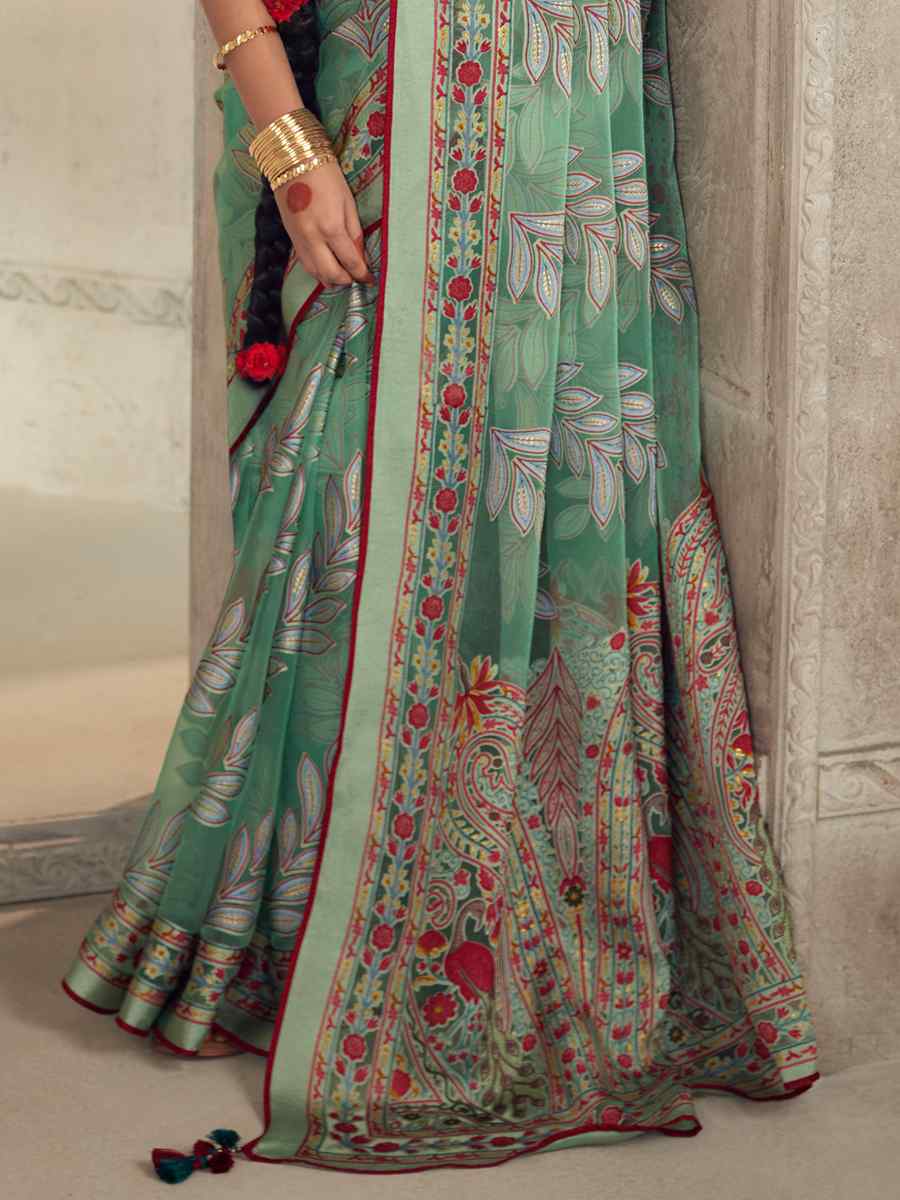 Aqua Blue Organza Brasso Embroidered Festival Wedding Heavy Border Saree