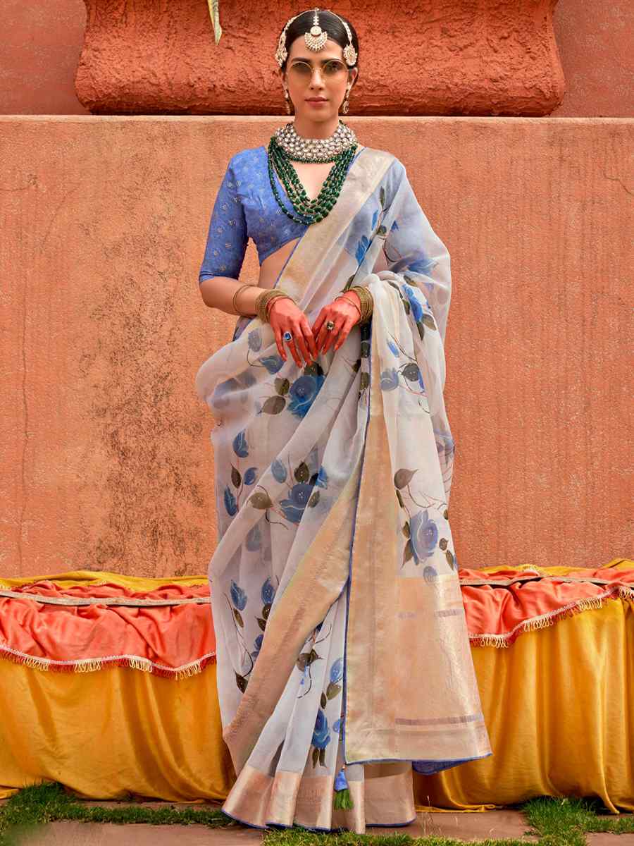 Aqua Blue Organza Silk Handwoven Festival Casual Heavy Border Saree