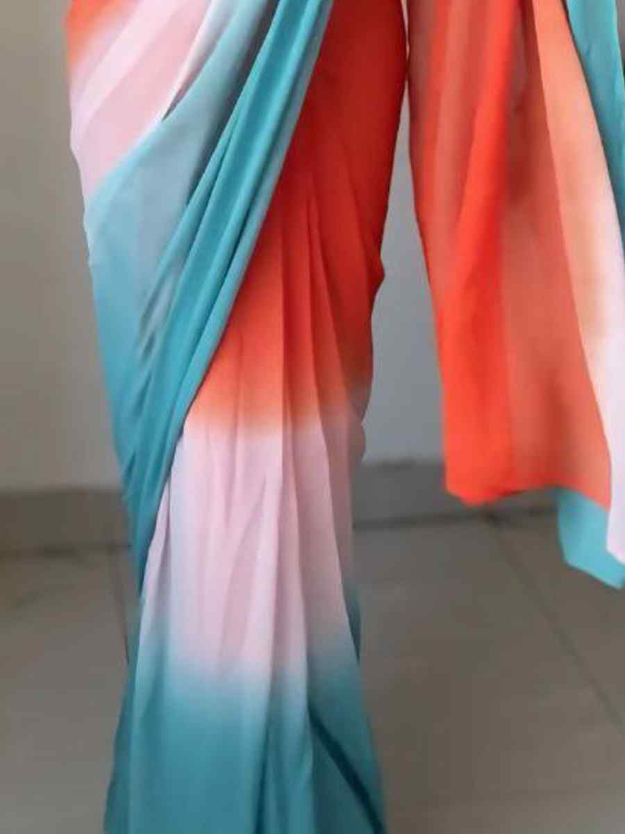 Aqua Blue Pure Soft Georgette Silk Printed Festival Casual Contemporary Saree