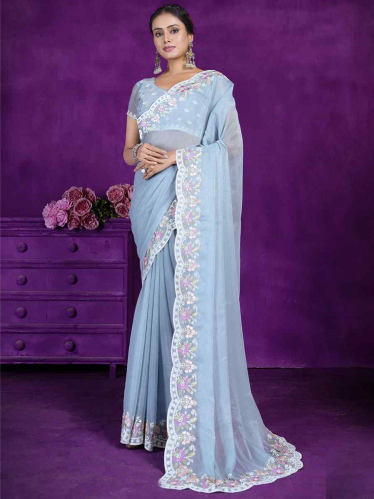 Aqua Blue Rangoli Embroidered Wedding Party Heavy Border Saree