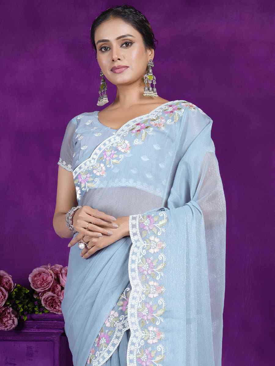 Aqua Blue Rangoli Embroidered Wedding Party Heavy Border Saree