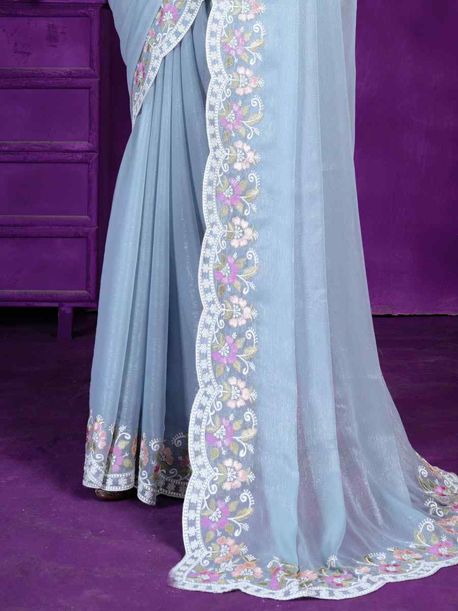 Aqua Blue Rangoli Embroidered Wedding Party Heavy Border Saree