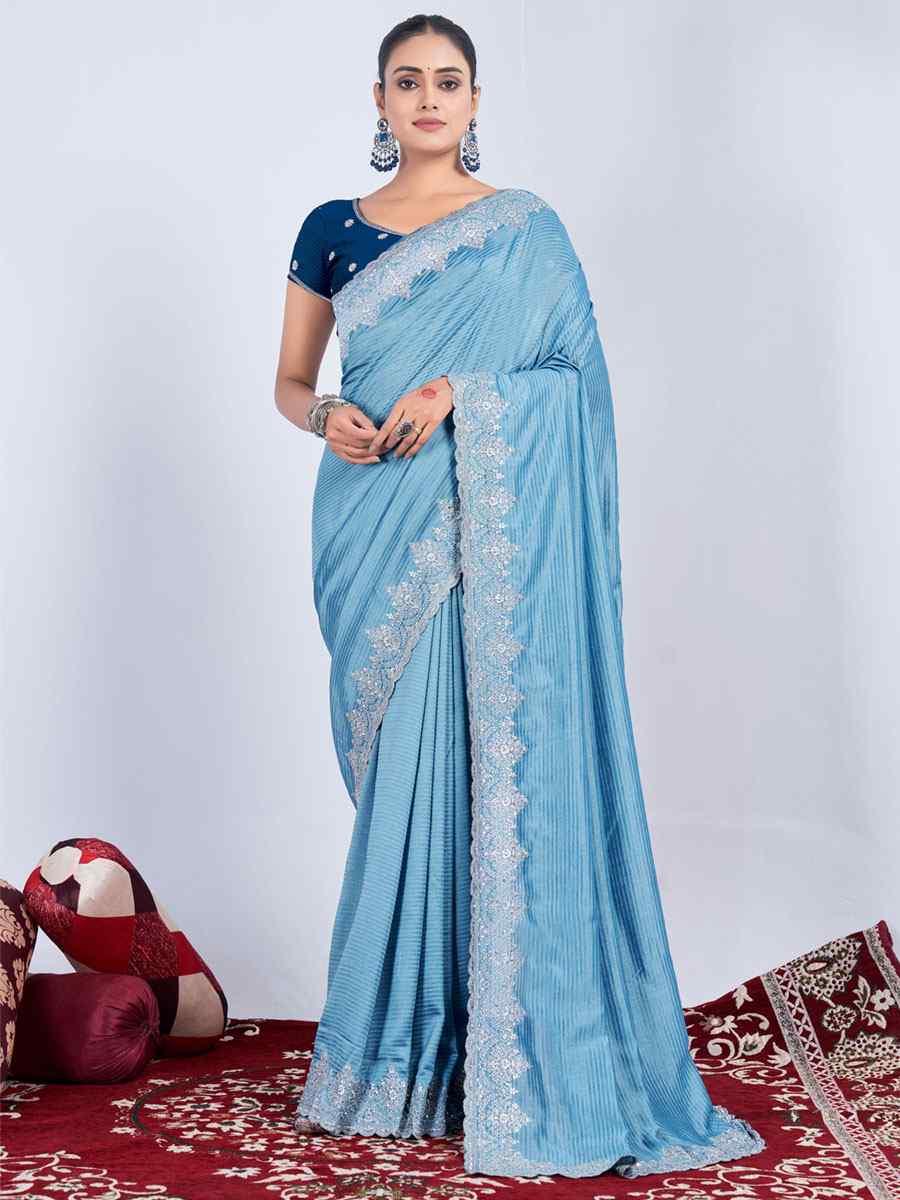 Aqua Blue Rangoli Embroidered Wedding Party Heavy Border Saree