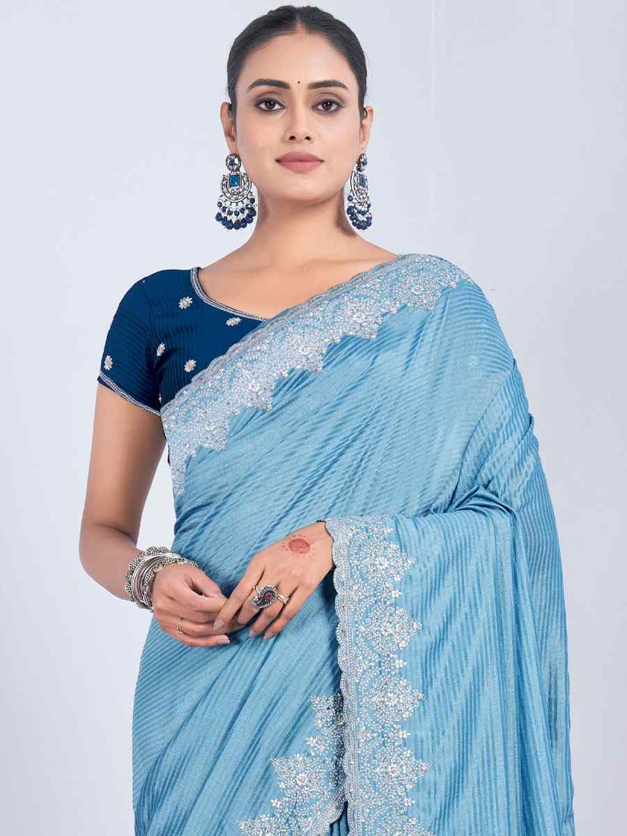 Aqua Blue Rangoli Embroidered Wedding Party Heavy Border Saree