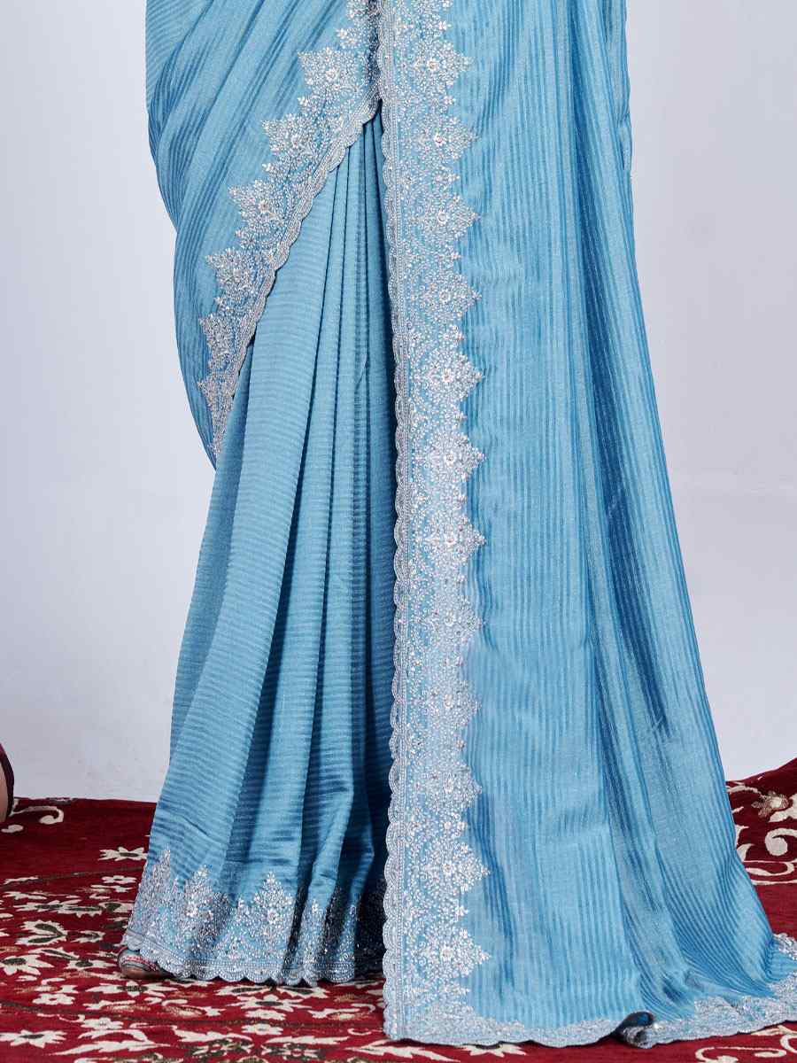 Aqua Blue Rangoli Embroidered Wedding Party Heavy Border Saree