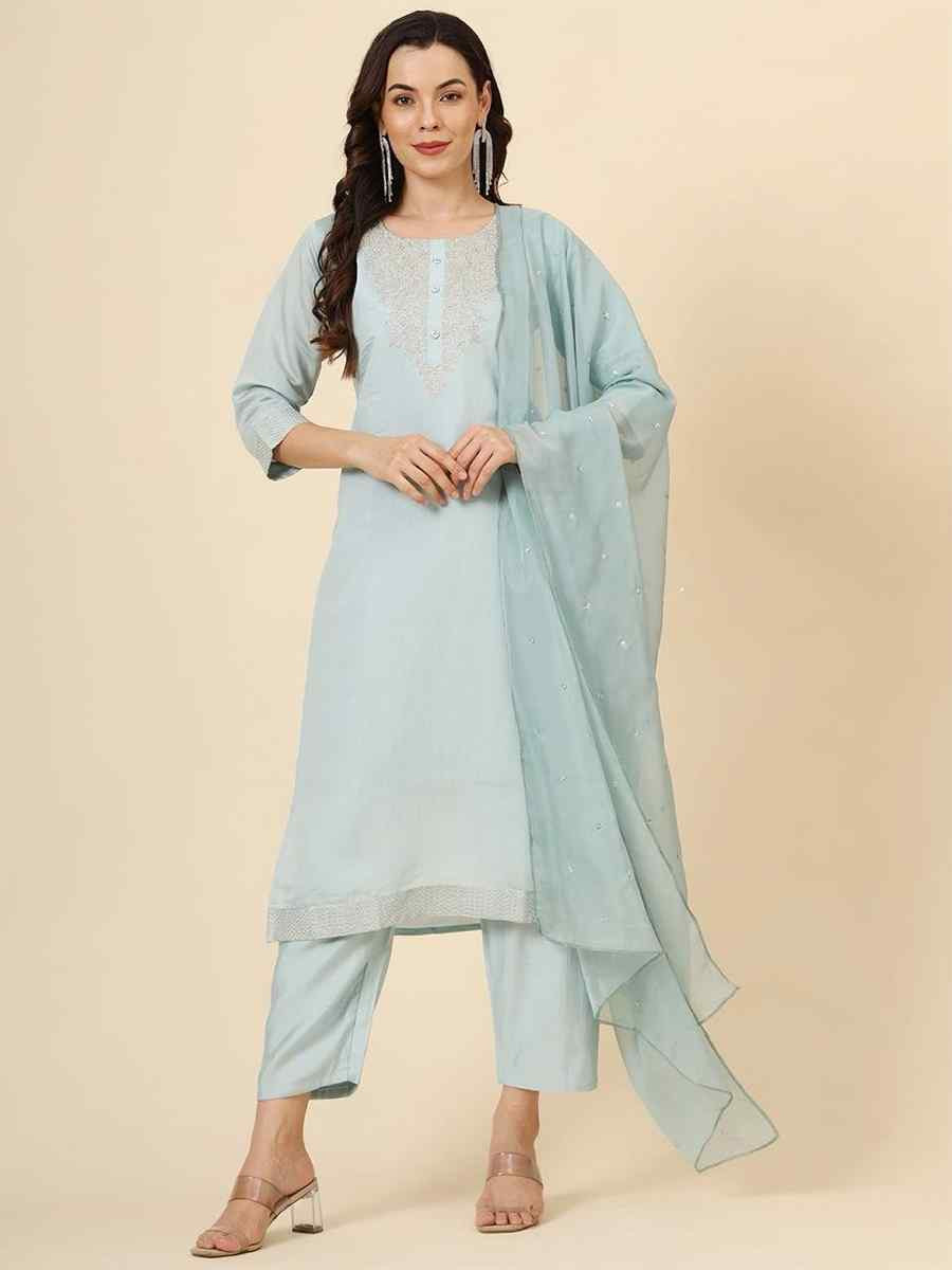 Aqua Blue Roman Muslin Silk Embroidered Festival Casual Ready Pant Salwar Kameez