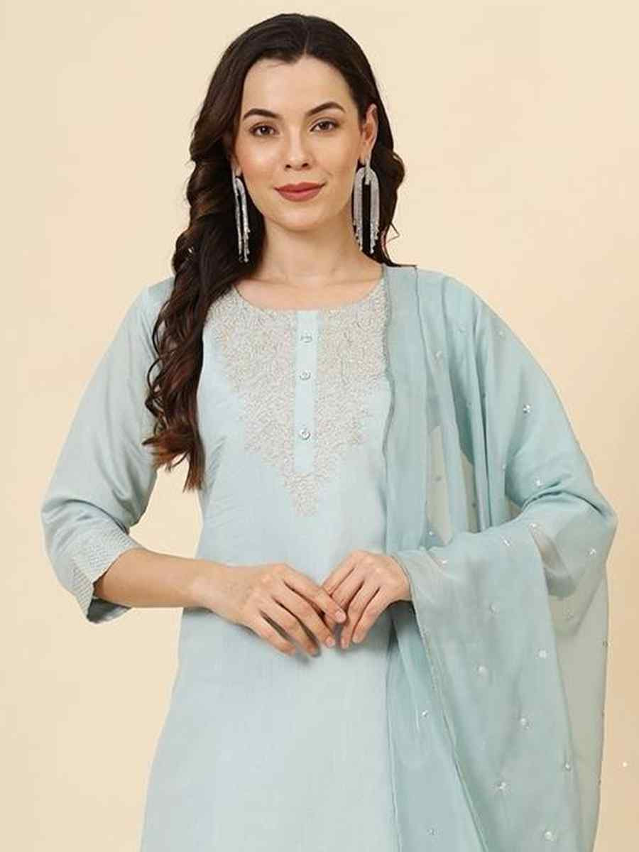 Aqua Blue Roman Muslin Silk Embroidered Festival Casual Ready Pant Salwar Kameez