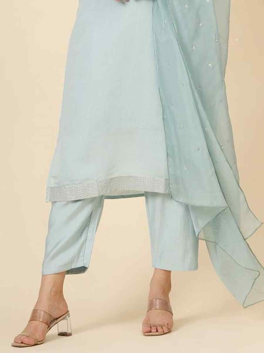 Aqua Blue Roman Muslin Silk Embroidered Festival Casual Ready Pant Salwar Kameez