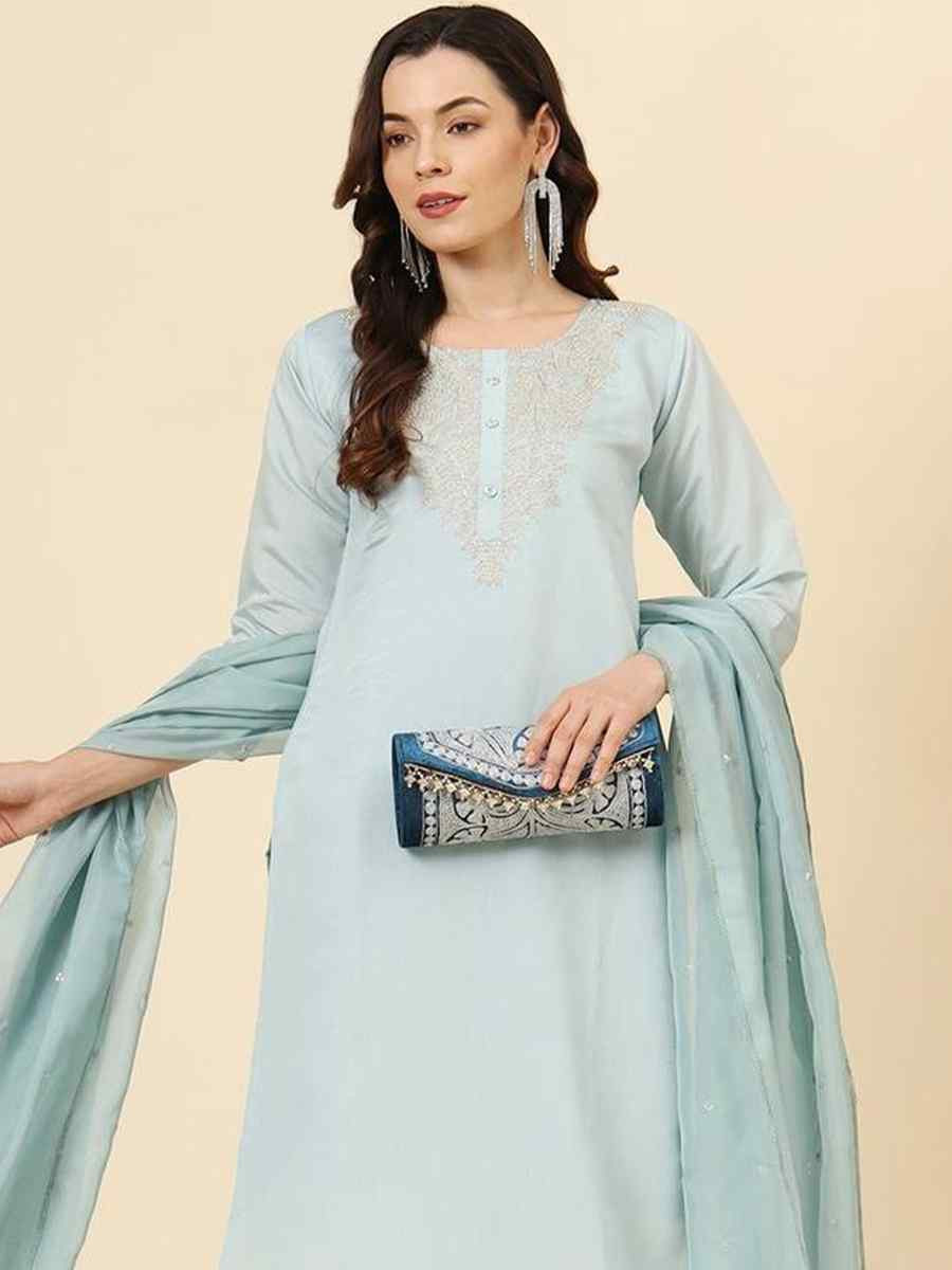 Aqua Blue Roman Muslin Silk Embroidered Festival Casual Ready Pant Salwar Kameez