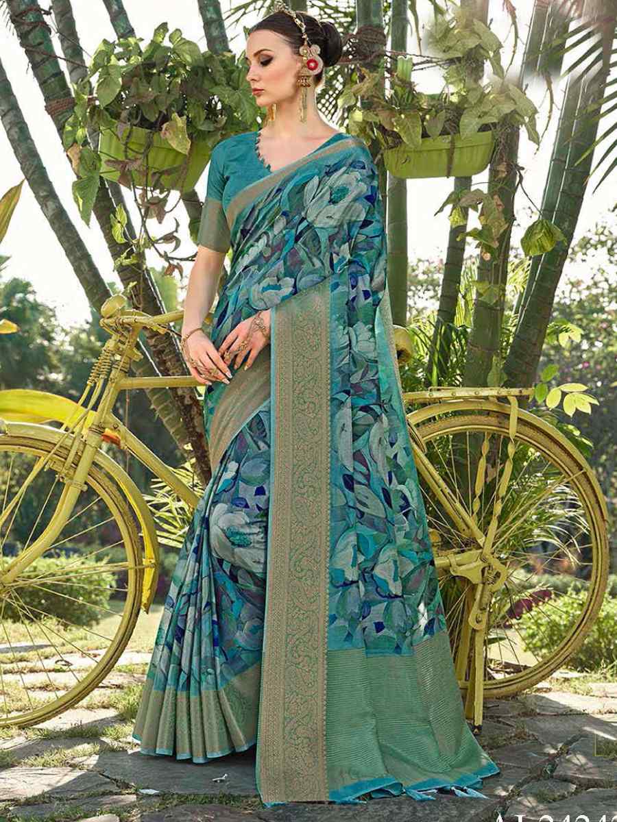 Aqua Blue Silk Handwoven Festival Wedding Heavy Border Saree