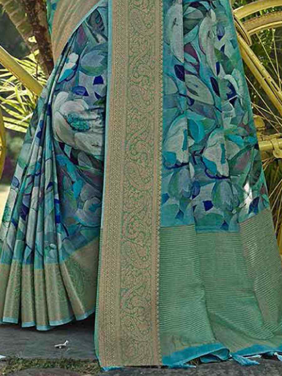 Aqua Blue Silk Handwoven Festival Wedding Heavy Border Saree