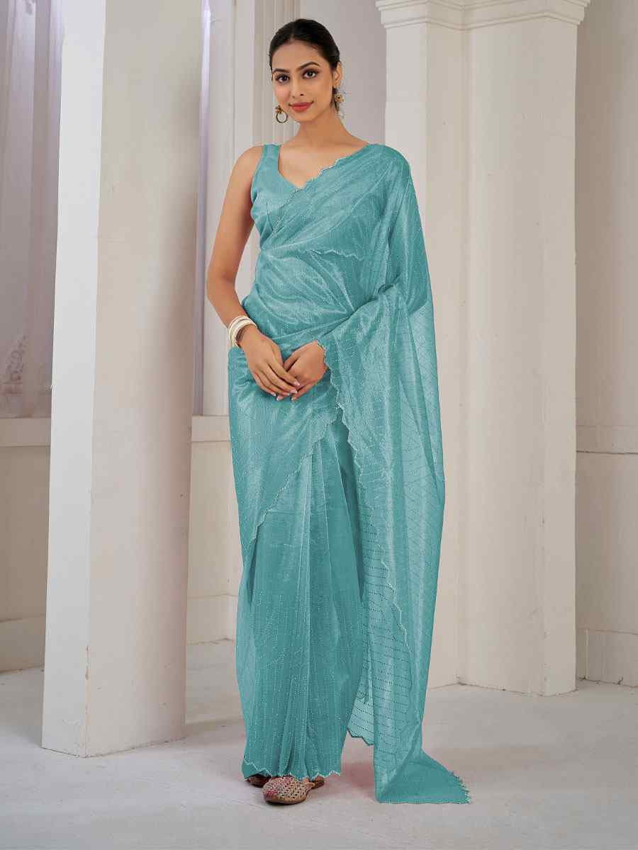 Aqua Blue Soft Organza Net Handwoven Festival Party Classic Style Saree