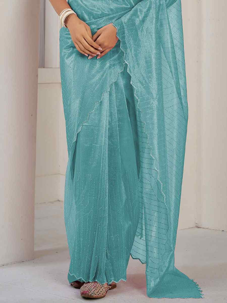 Aqua Blue Soft Organza Net Handwoven Festival Party Classic Style Saree