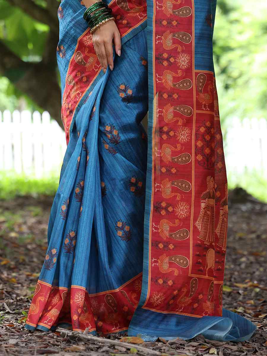 Aqua Blue Soft Tussar Silk Handwoven Festival Wedding Heavy Border Saree