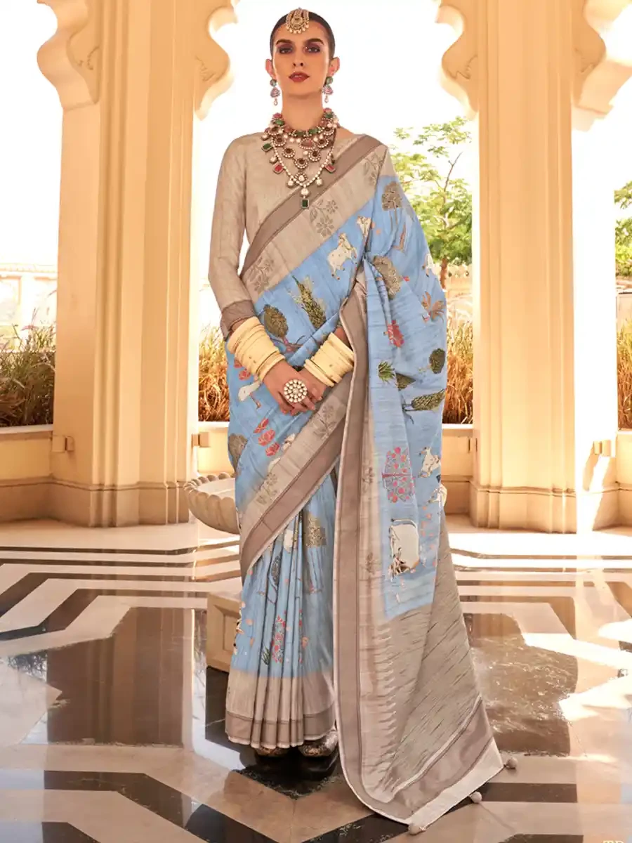 Aqua Blue Super Raw Silk Handwoven Festival Wedding Heavy Border Saree