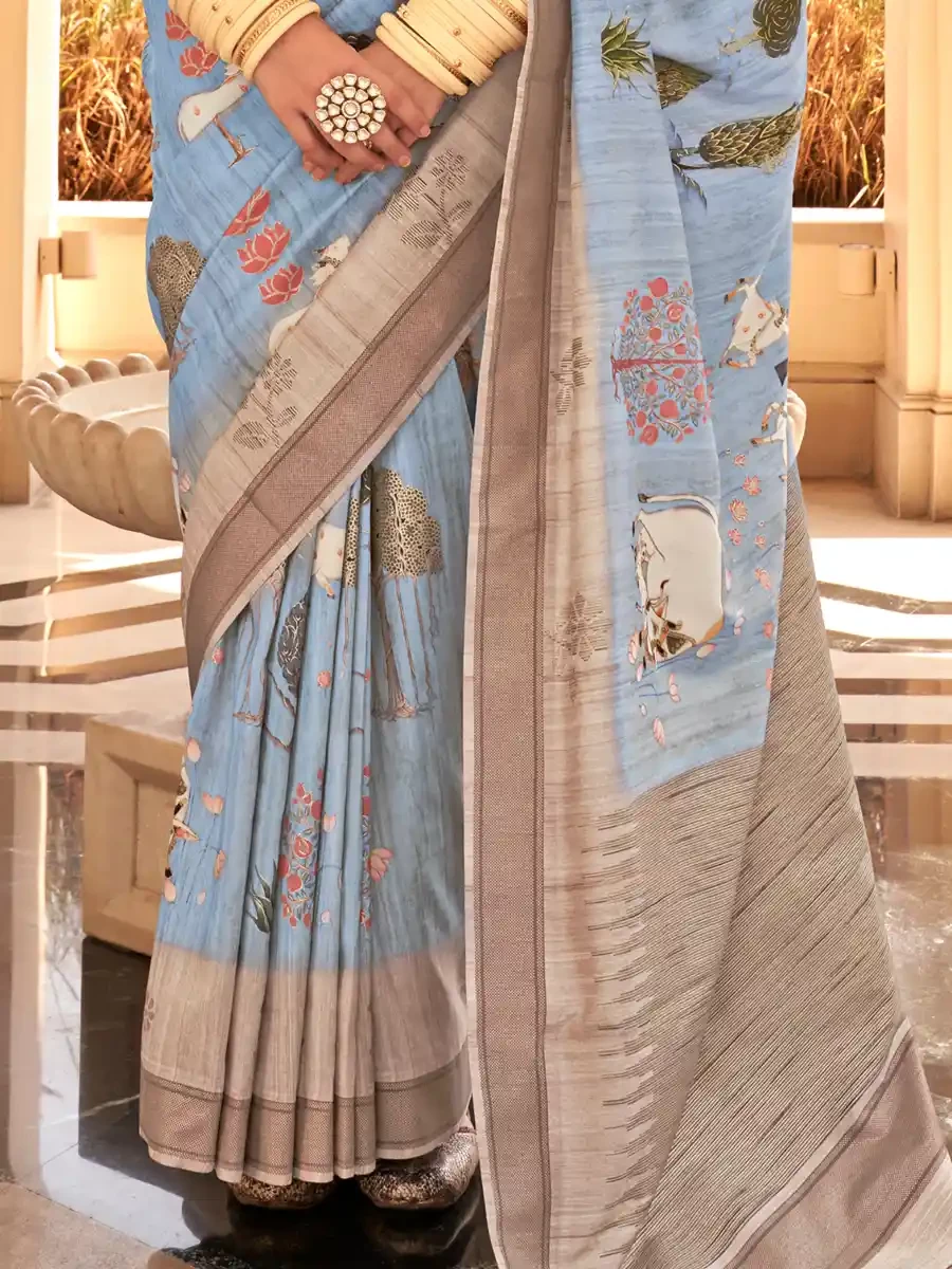 Aqua Blue Super Raw Silk Handwoven Festival Wedding Heavy Border Saree