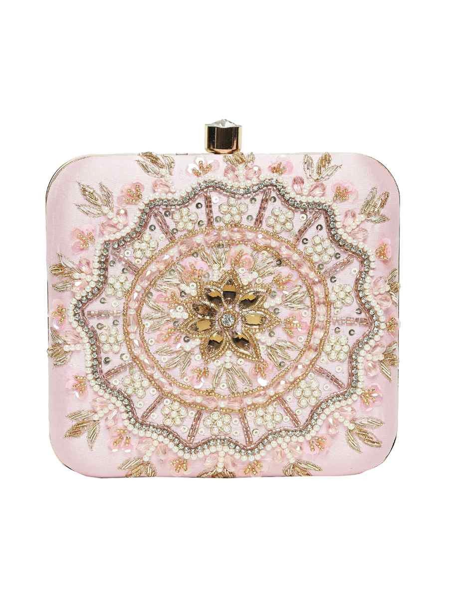 Baby Pink Art Silk Party Wear Embroidered Clutches