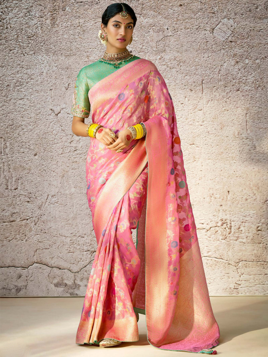 Baby Pink Banarasi Silk Embroidered Reception Wedding Heavy Border Saree