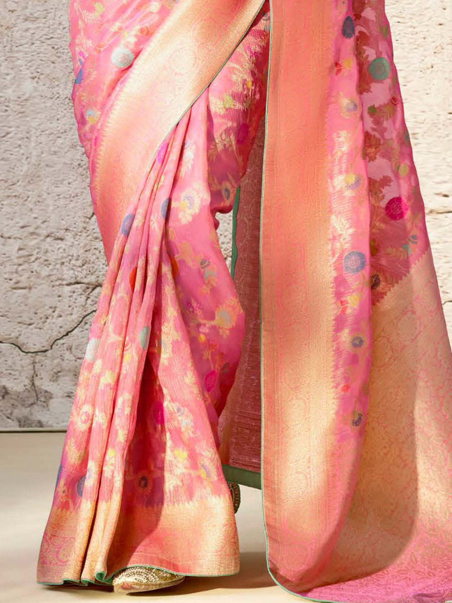 Baby Pink Banarasi Silk Embroidered Reception Wedding Heavy Border Saree