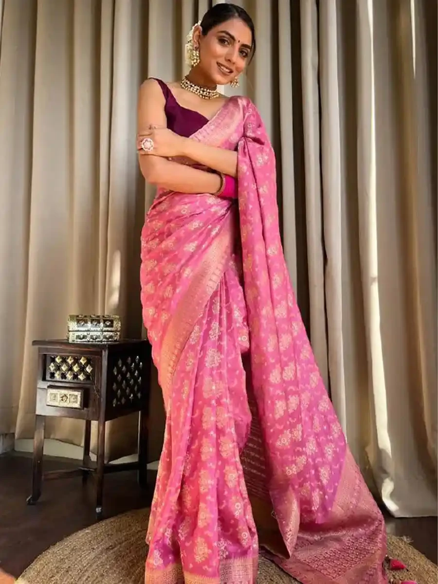 Baby Pink Banarasi Silk Handwoven Festival Wedding Heavy Border Saree