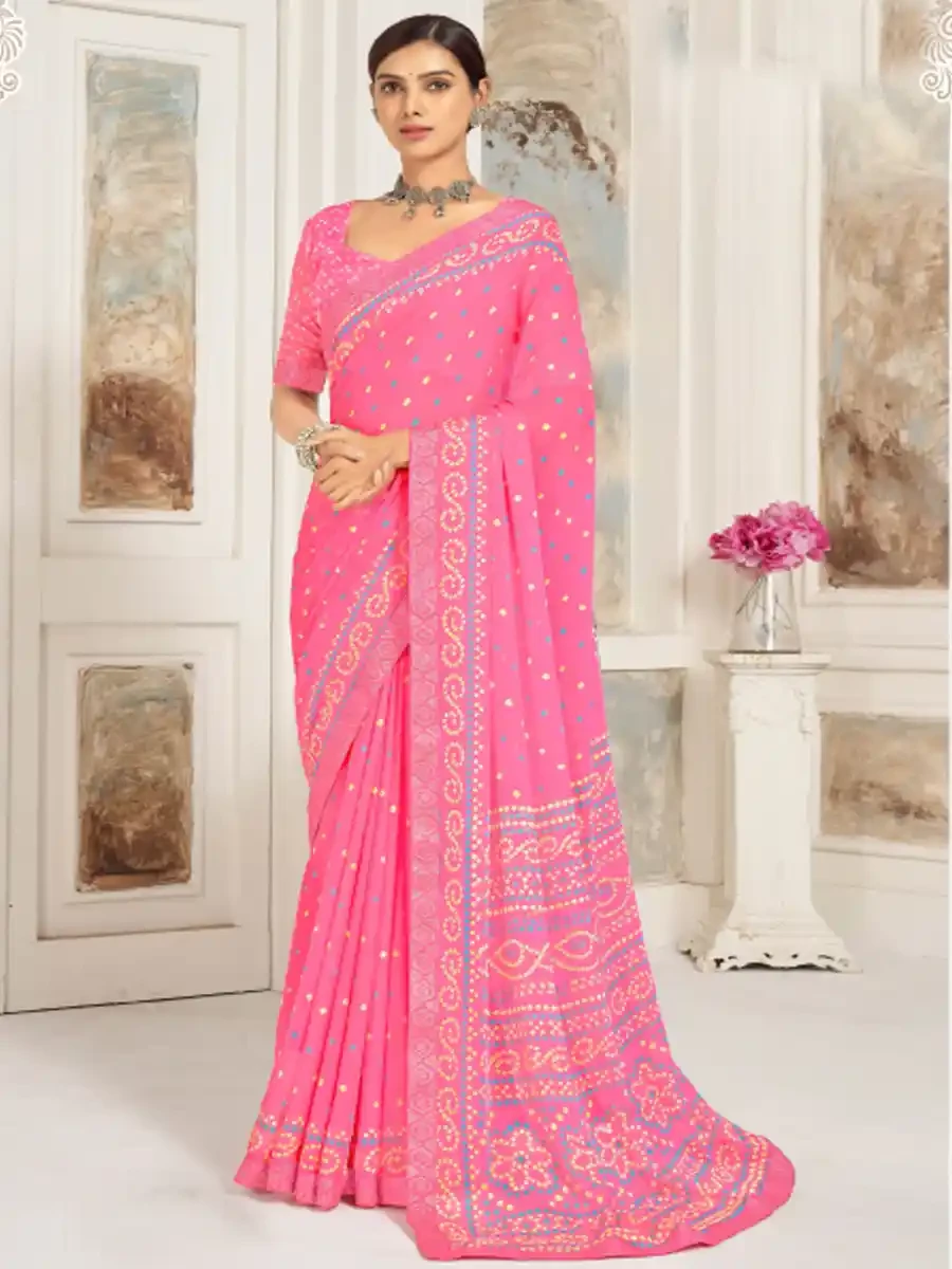 Baby Pink Chiffon Printed Festival Casual Contemporary Saree