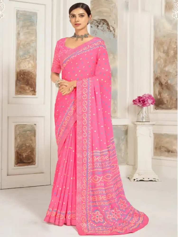 Baby Pink Chiffon Printed Festival Casual Contemporary Saree