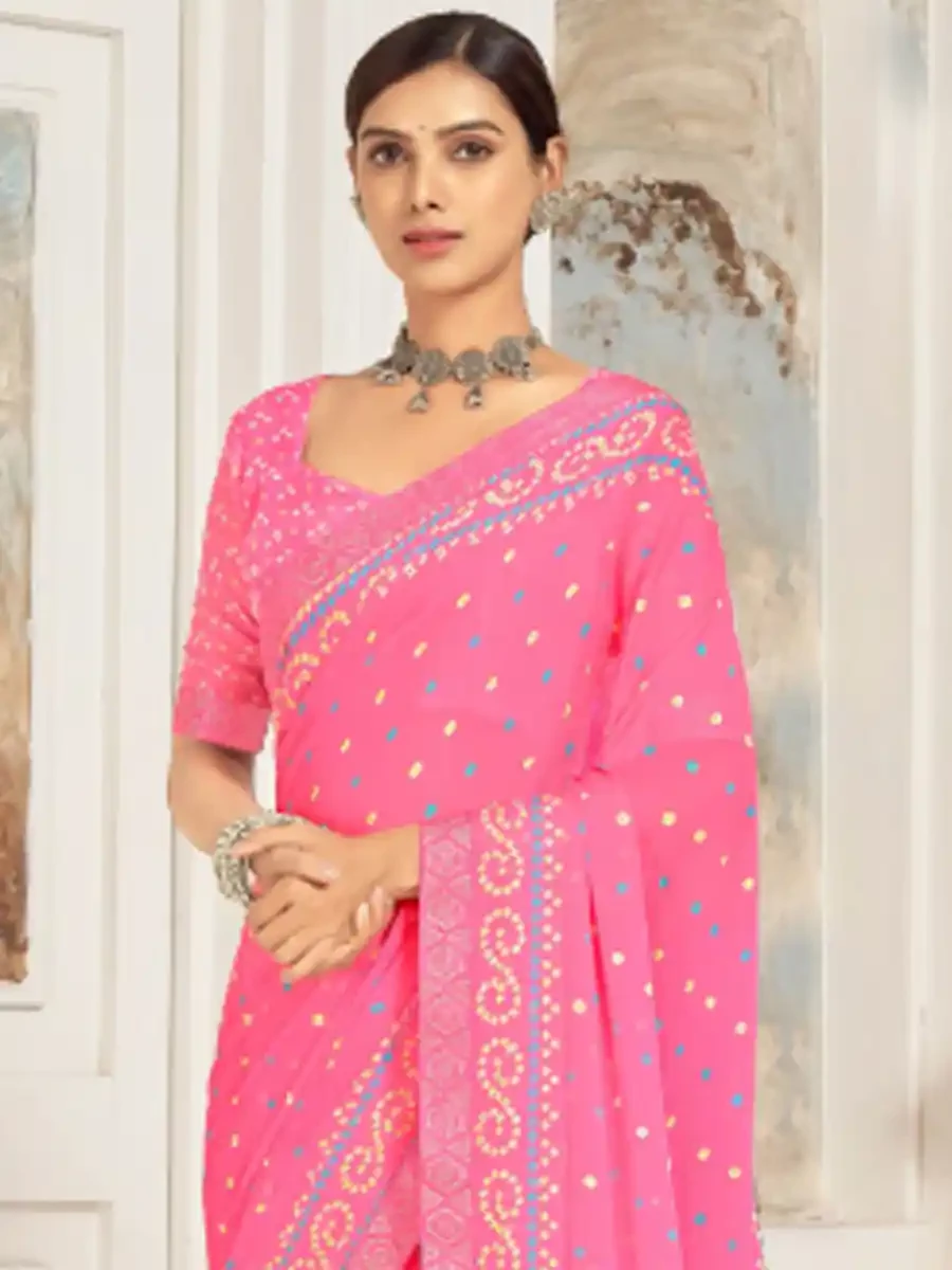 Baby Pink Chiffon Printed Festival Casual Contemporary Saree