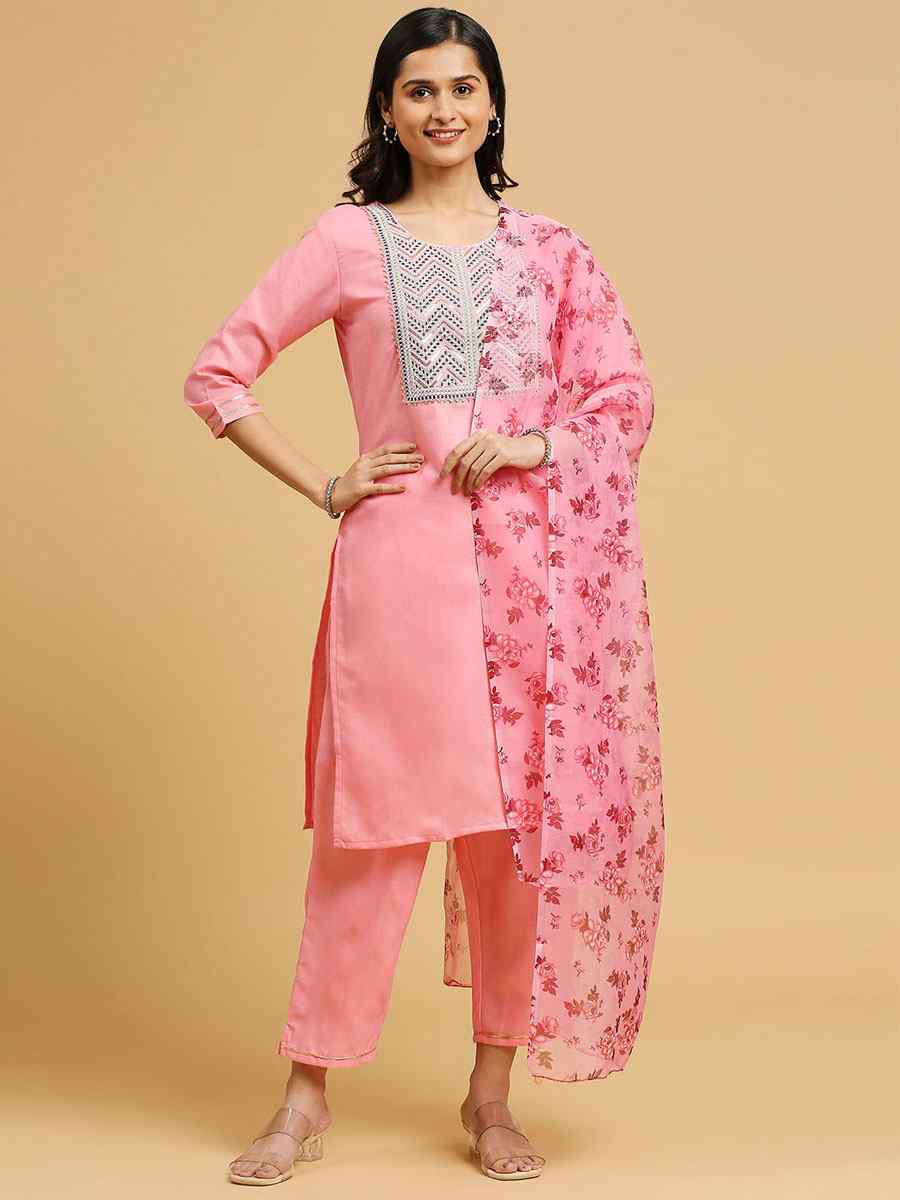 Baby Pink Cotton Printed Festival Casual Ready Pant Salwar Kameez