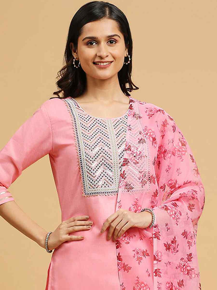 Baby Pink Cotton Printed Festival Casual Ready Pant Salwar Kameez