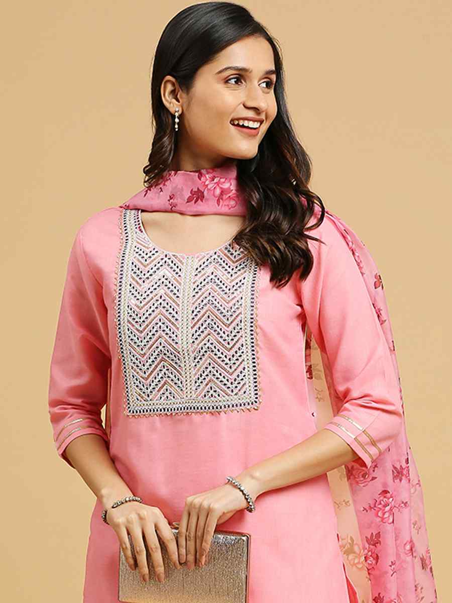 Baby Pink Cotton Printed Festival Casual Ready Pant Salwar Kameez