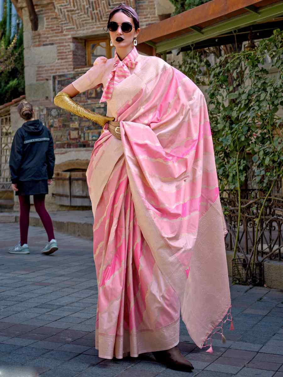 Baby Pink Cotton Silk Handwoven Festival Wedding Heavy Border Saree