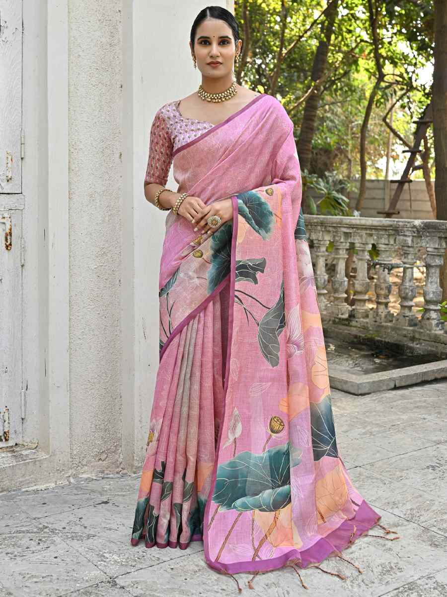 Baby Pink Cotton Silk Printed Festival Casual Contemporary Saree