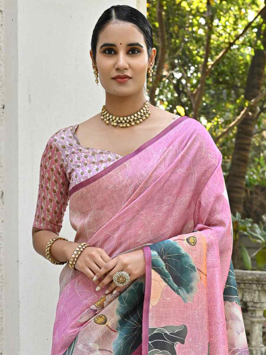 Baby Pink Cotton Silk Printed Festival Casual Contemporary Saree