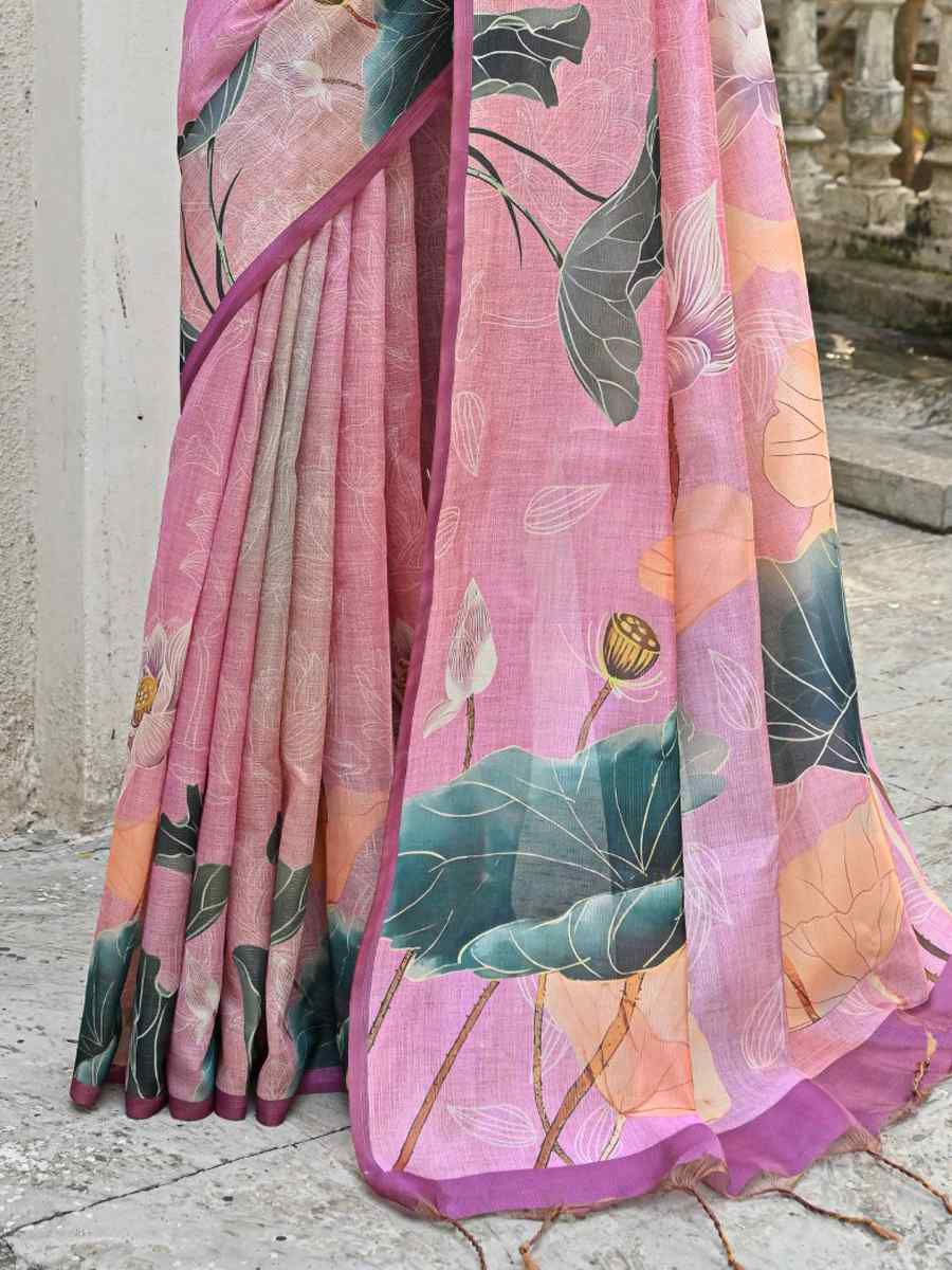 Baby Pink Cotton Silk Printed Festival Casual Contemporary Saree