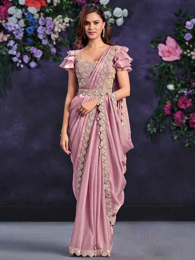 Baby Pink Crepe Satin Silk Embroidered Wedding Party Heavy Border Saree