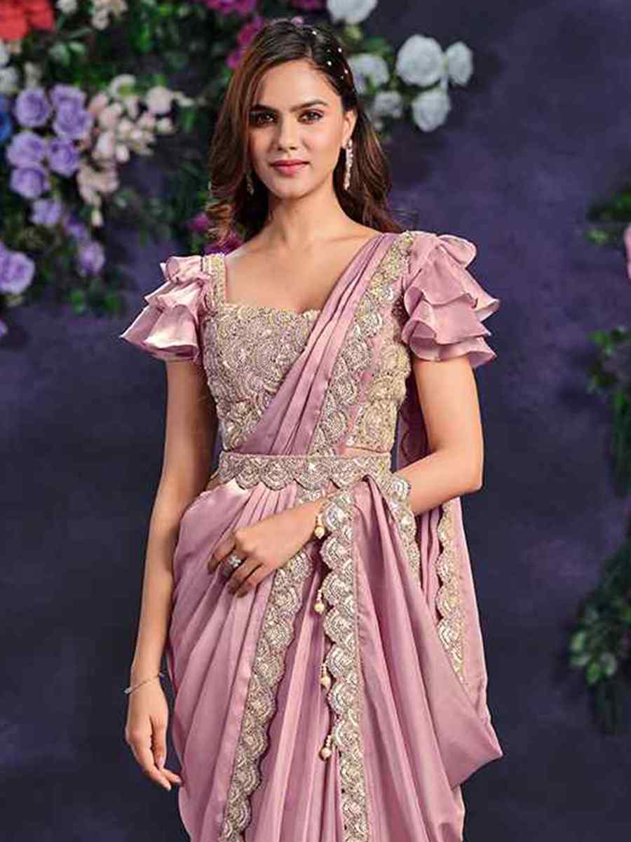 Baby Pink Crepe Satin Silk Embroidered Wedding Party Heavy Border Saree