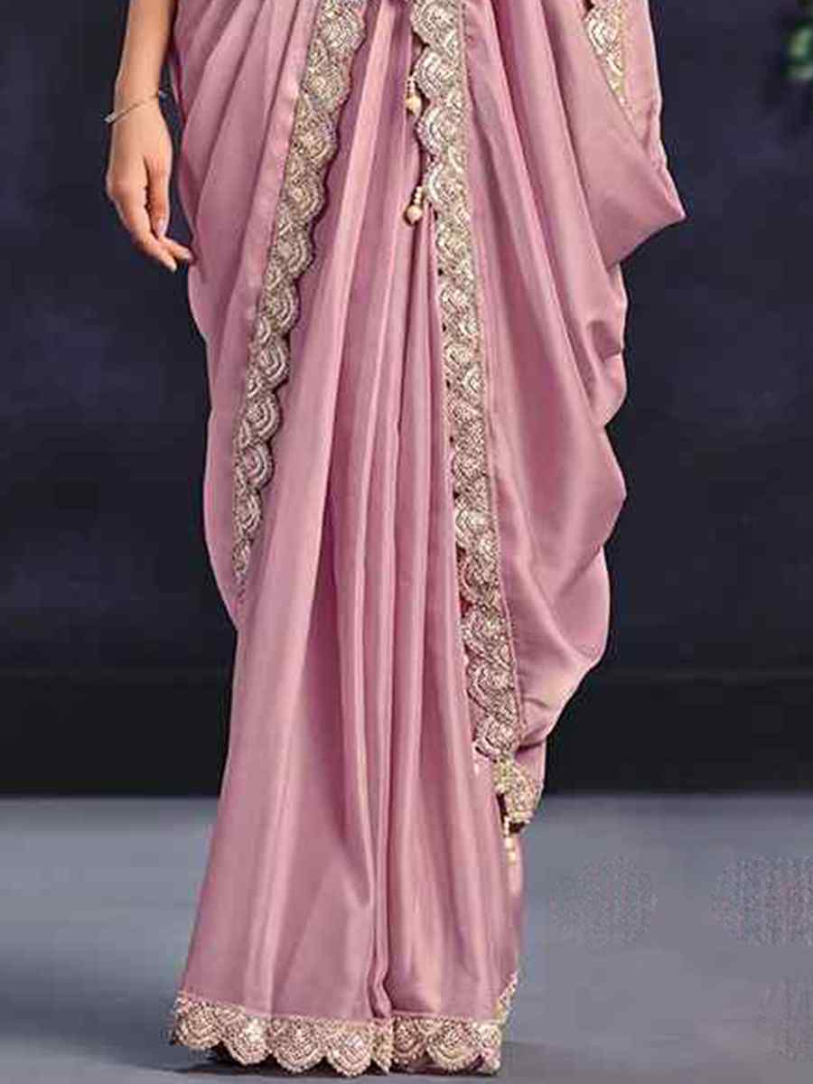 Baby Pink Crepe Satin Silk Embroidered Wedding Party Heavy Border Saree