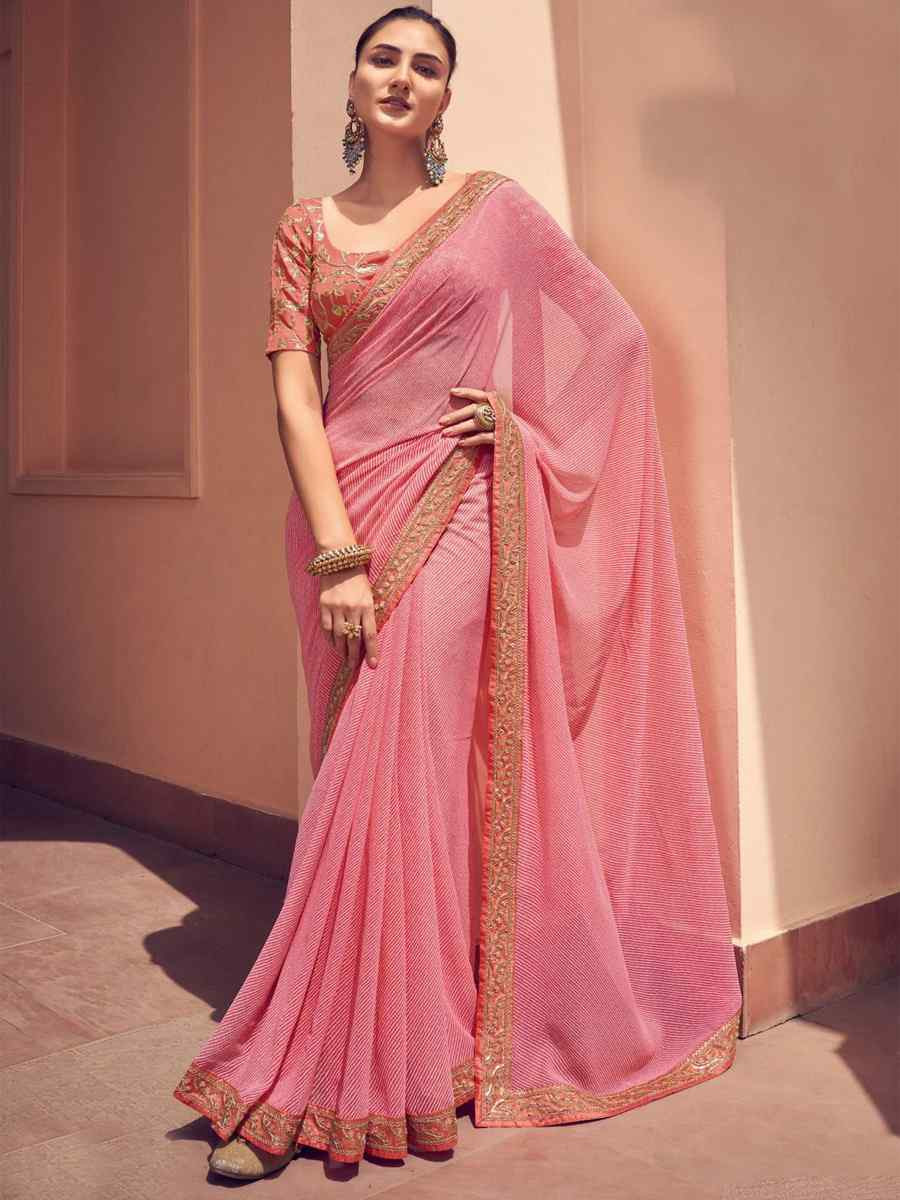 Baby Pink Georgette Embroidered Festival Party Classic Style Saree