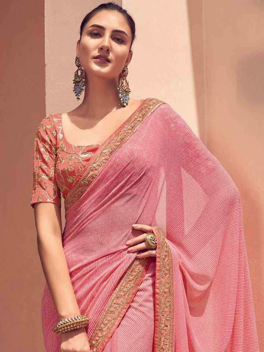 Baby Pink Georgette Embroidered Festival Party Classic Style Saree