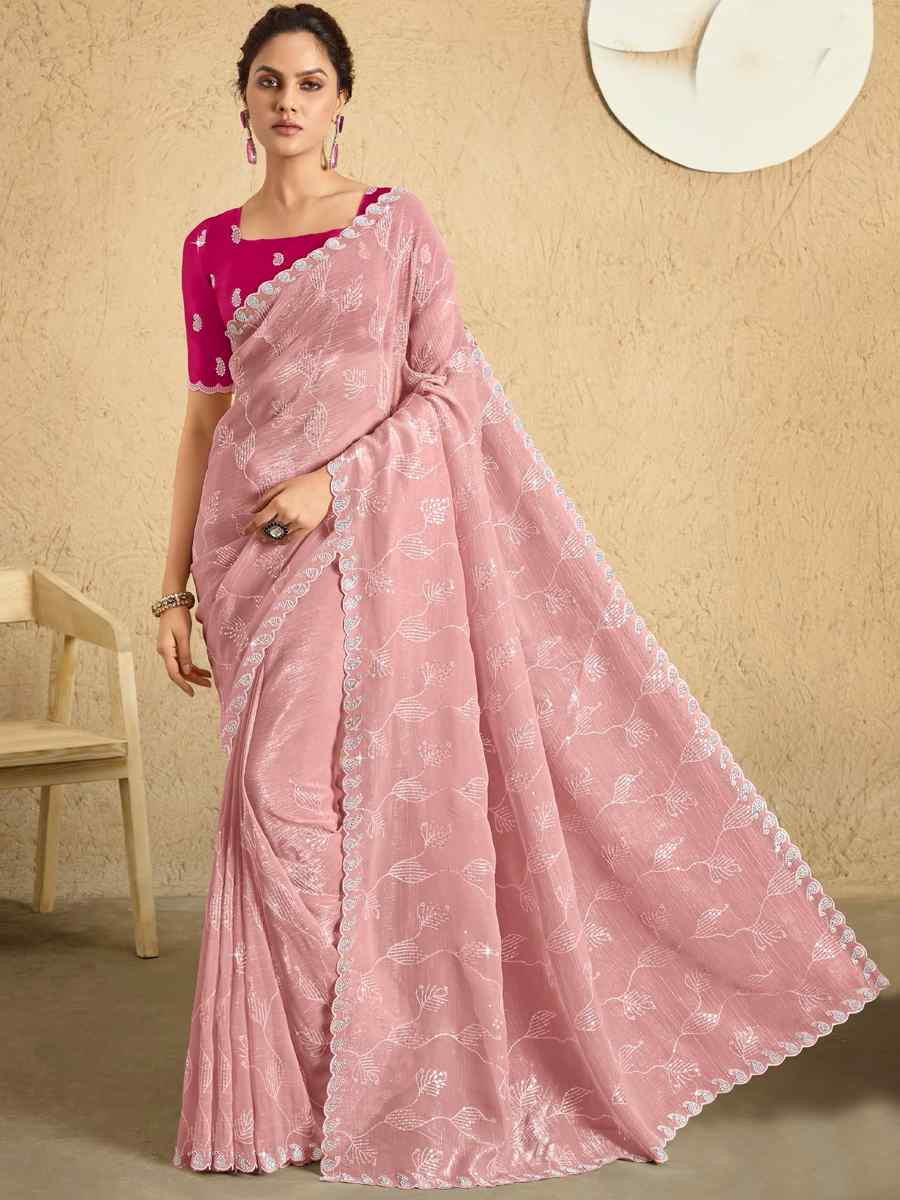 Baby Pink Georgette Embroidered Reception Party Heavy Border Saree