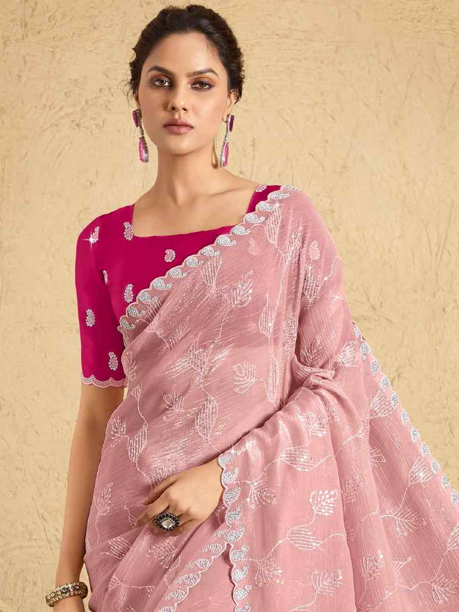 Baby Pink Georgette Embroidered Reception Party Heavy Border Saree