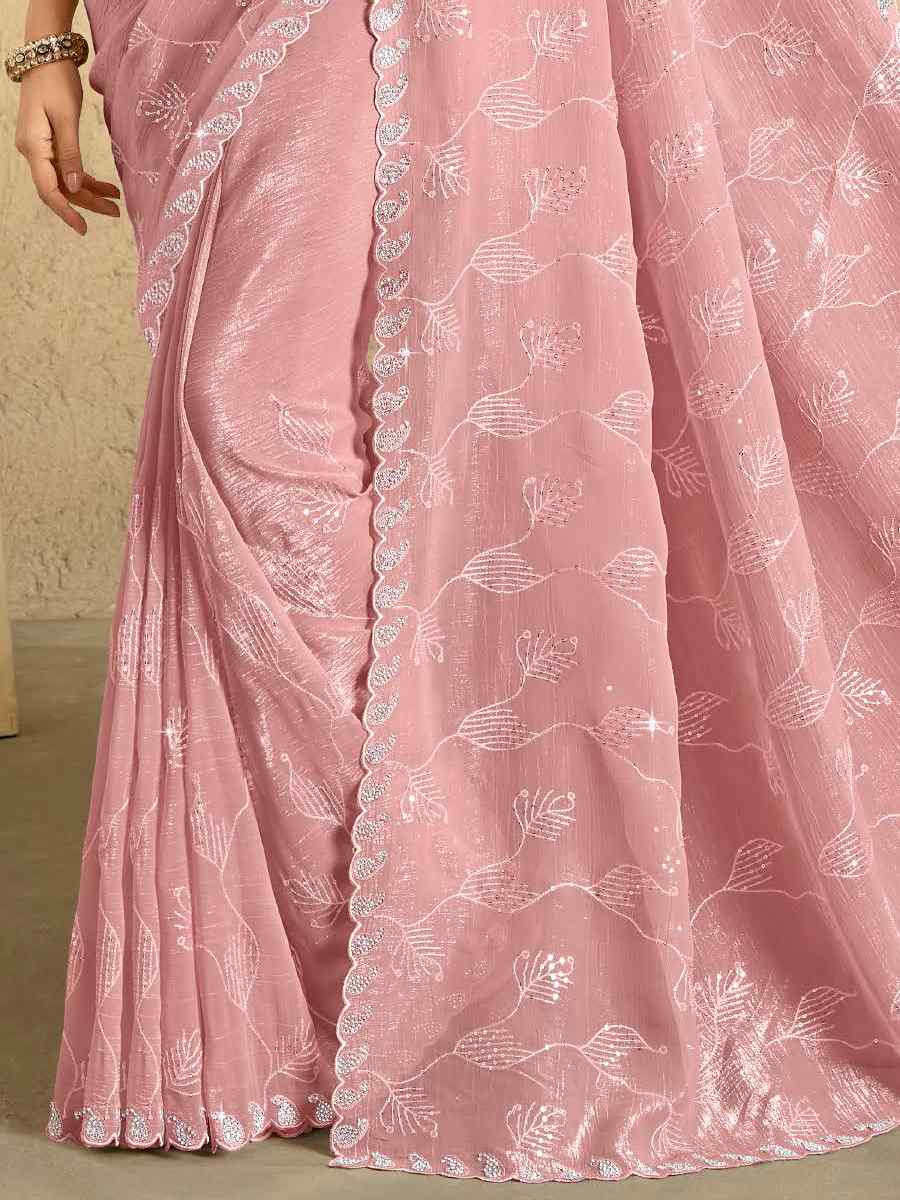 Baby Pink Georgette Embroidered Reception Party Heavy Border Saree