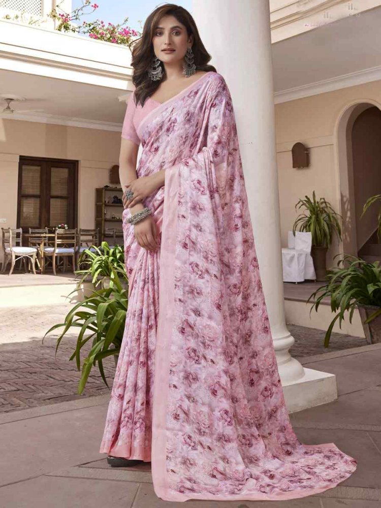 Baby Pink Georgette Printed Festival Casual Contemporary Saree