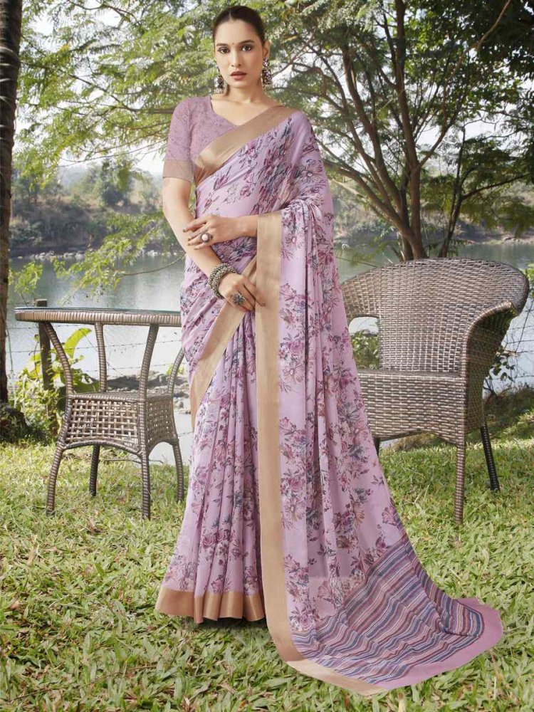 Baby Pink Georgette Printed Festival Casual Contemporary Saree