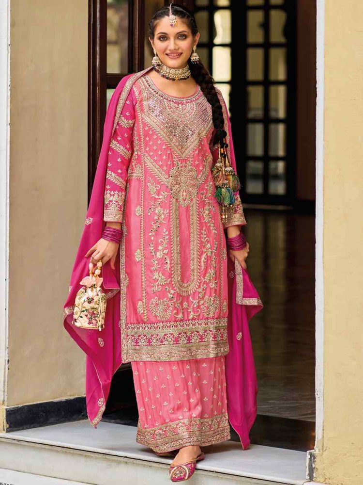 Baby Pink Heavy Chinon Embroidered Festival Wedding Palazzo Pant Salwar Kameez