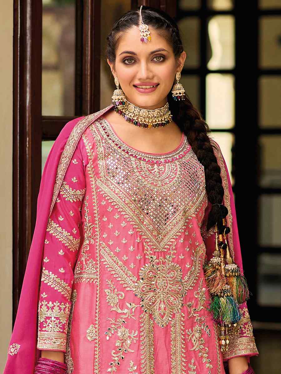 Baby Pink Heavy Chinon Embroidered Festival Wedding Palazzo Pant Salwar Kameez